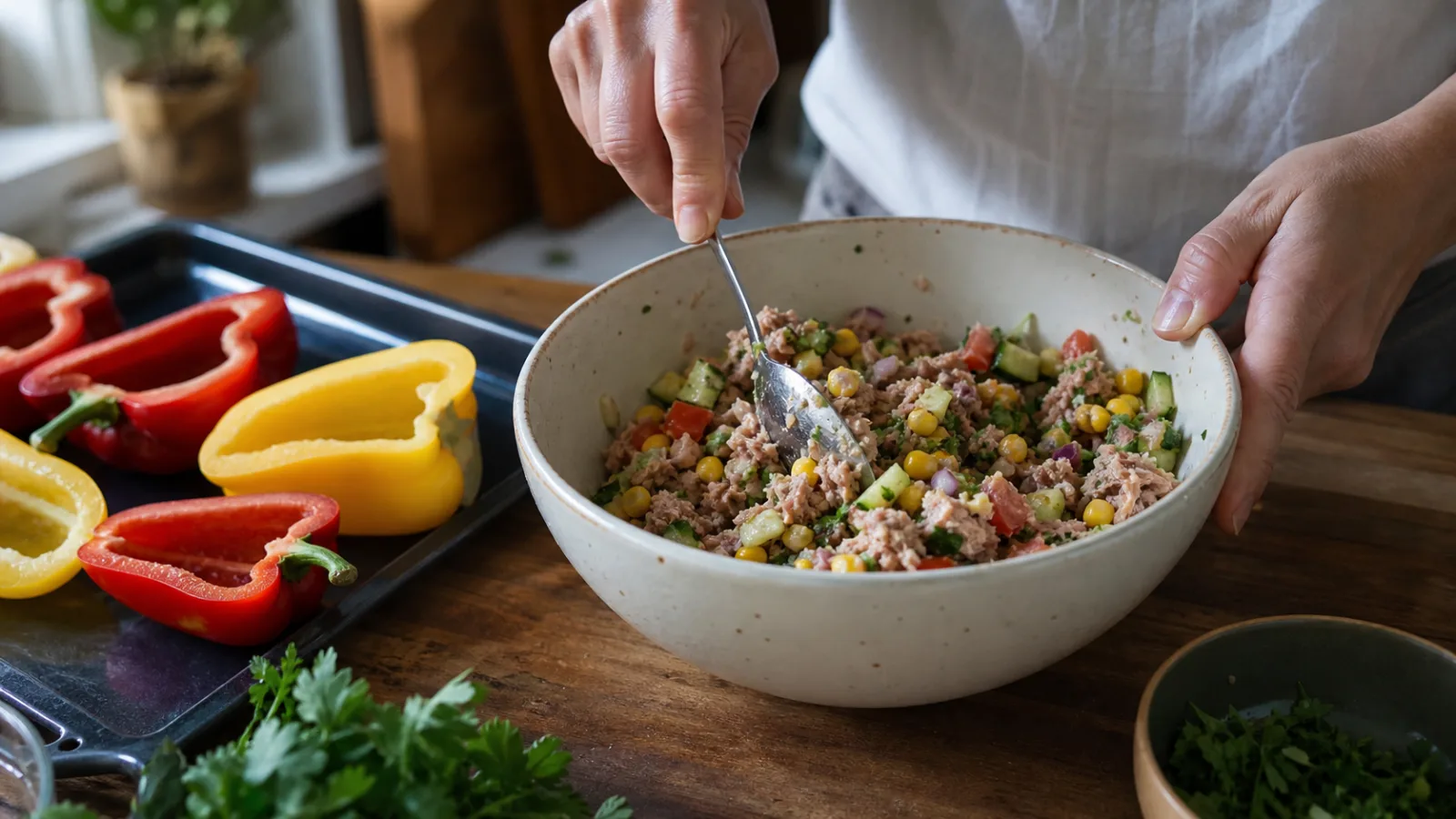 Manos mezclando atun con verduras para rellenar pimientos en cocina casera