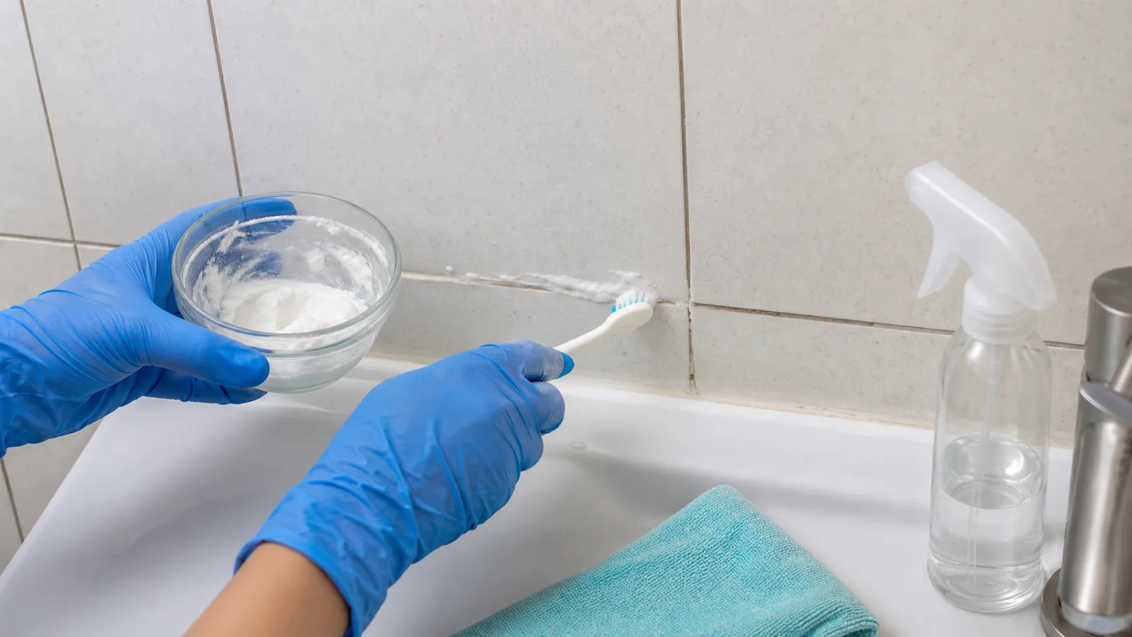 Manos con guantes aplicando pasta casera en juntas de azulejo del baño con cepillo suave