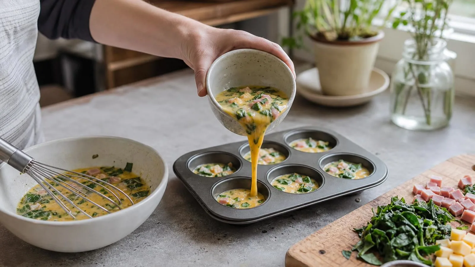 Manos vertiendo mezcla de huevo con espinaca jamon y queso en molde para muffins