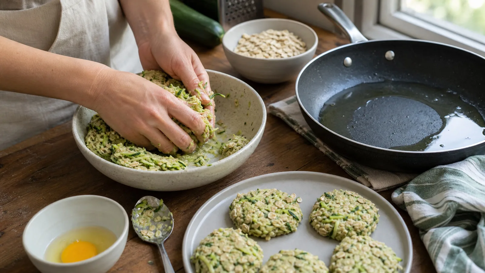 Manos formando tortitas de calabacita y avena en una cocina casera