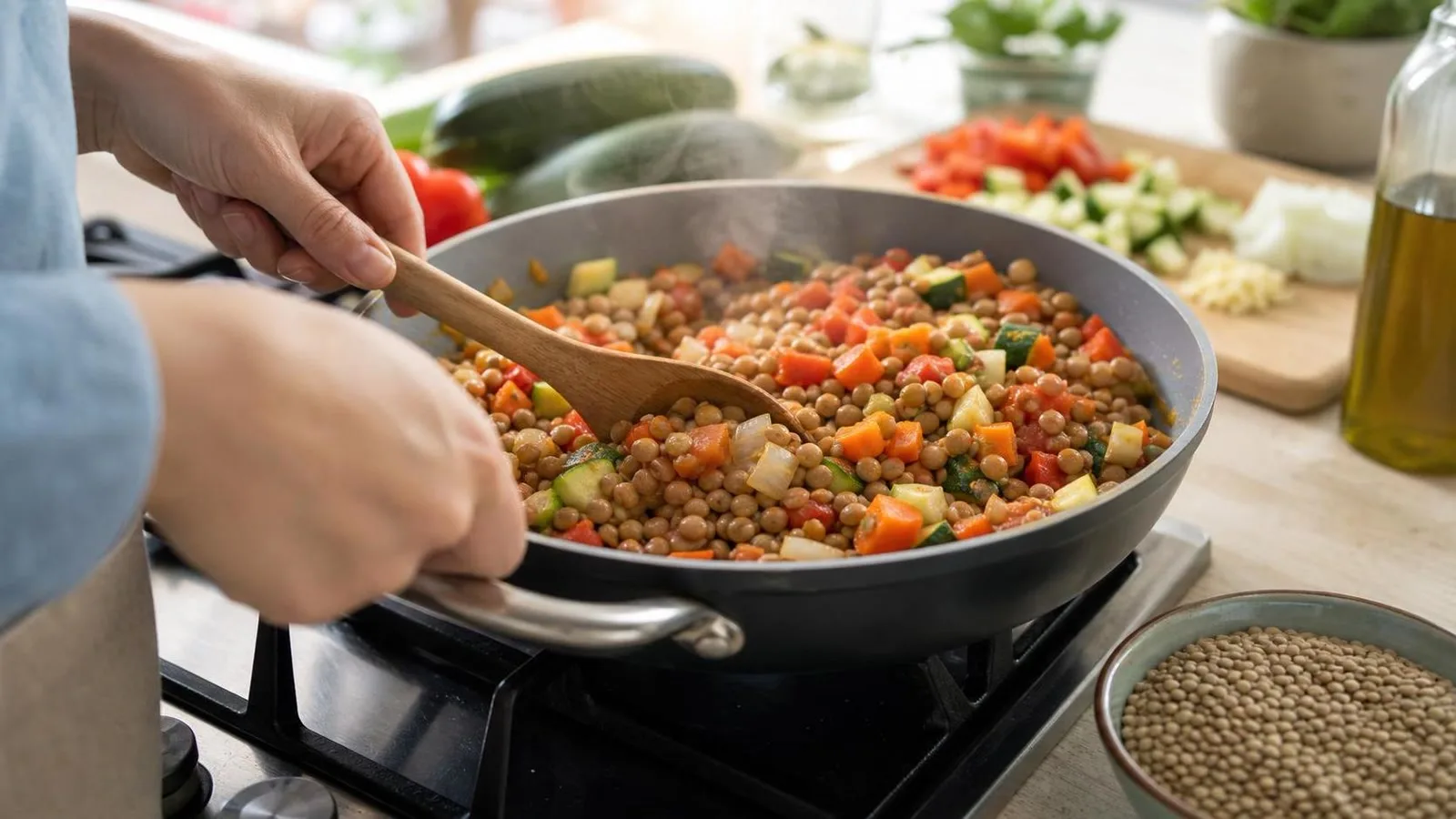 Manos cocinando verduras y lentejas en sarten casero