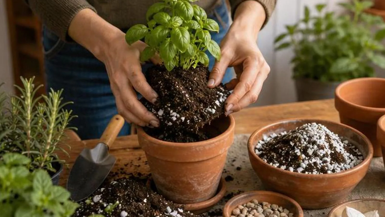 Manos trasplantando hierbas aromaticas en macetas con sustrato ligero