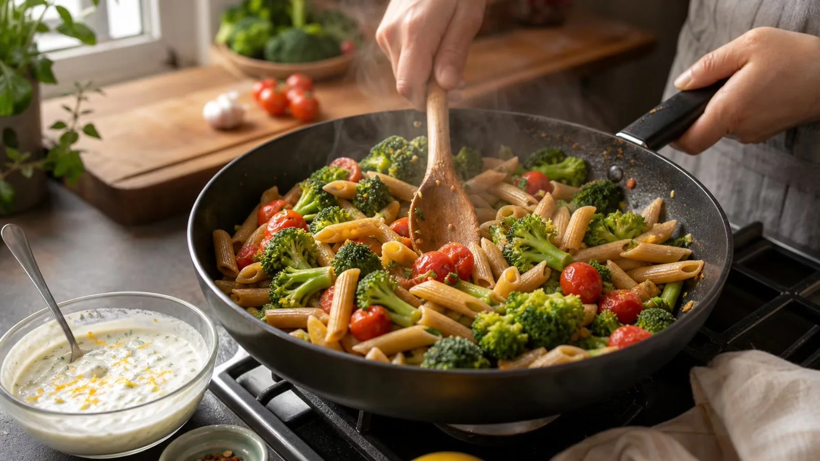 Manos mezclando pasta integral con brócoli y tomates en sartén casero