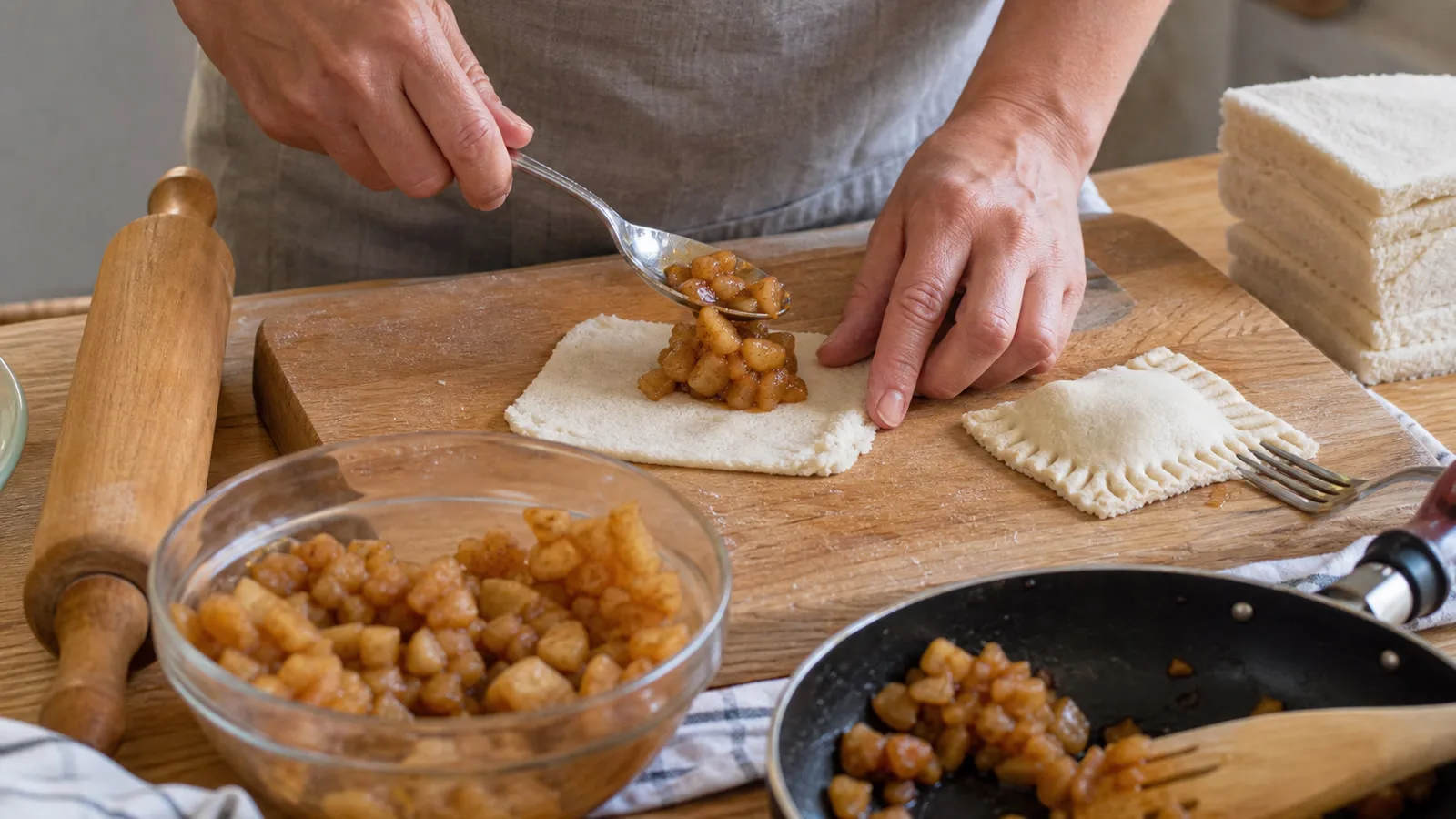 Manos preparando empanaditas de pan de caja con relleno de manzana y canela sobre tabla de cocina