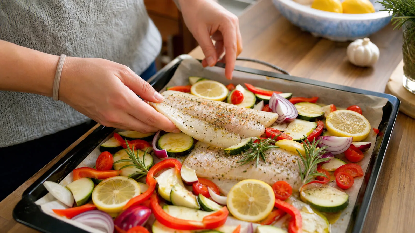 Manos acomodando filetes de pescado con verduras y limon en una charola casera