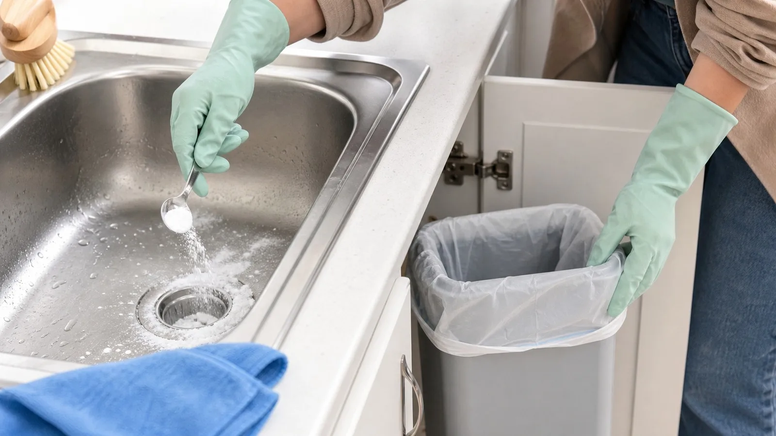 Manos con guantes limpiando coladera de cocina y cambiando bolsa del bote de basura
