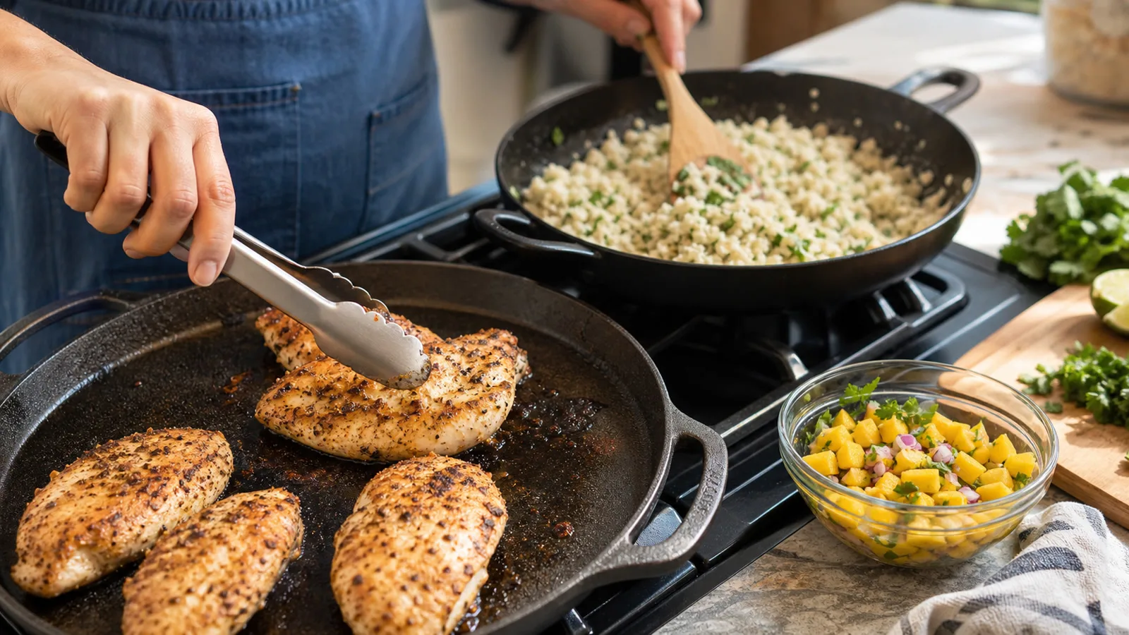 Manos cocinando pollo al comal y arroz de coliflor en cocina casera