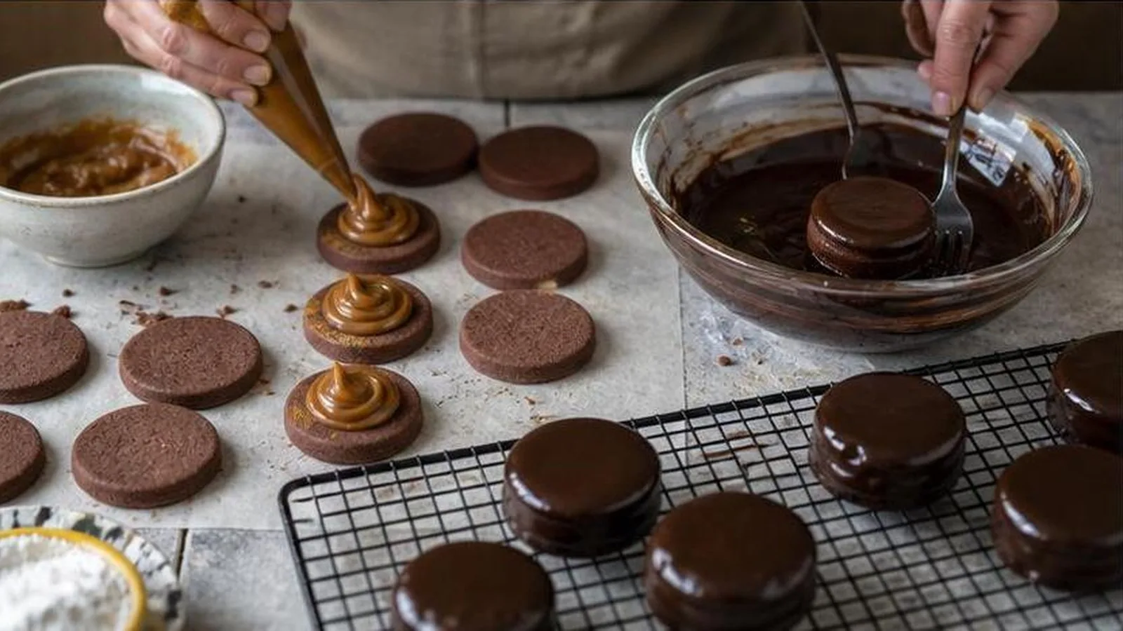 Manos rellenando y banando alfajores de chocolate con dulce de leche en una cocina casera