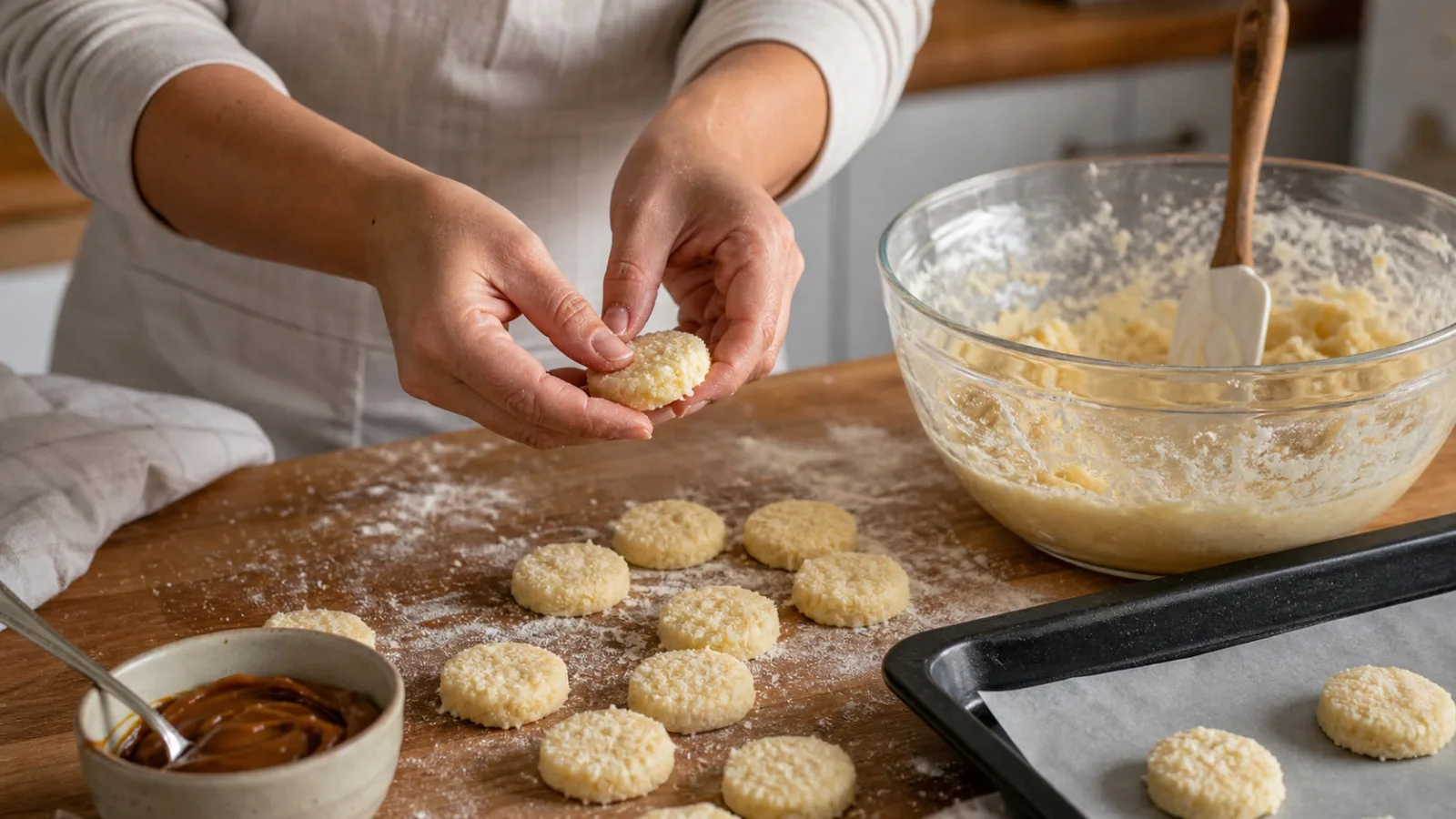 Manos preparando masa de coco y formando tapitas para alfajores con dulce de leche en cocina casera