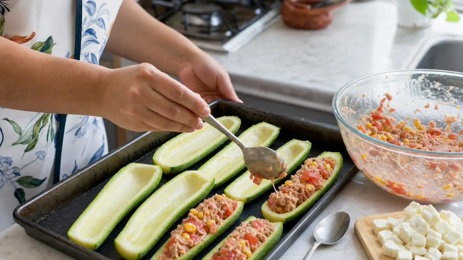 Manos preparando calabacitas rellenas con atun y verduras en charola de cocina casera
