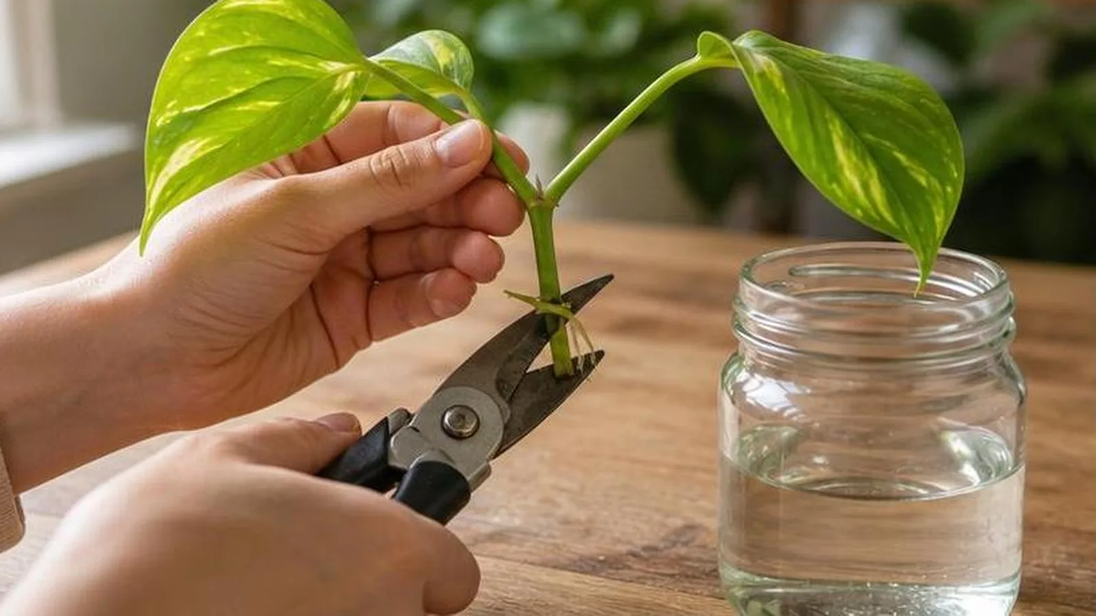 Manos cortando un esqueje de planta de interior por debajo del nudo y colocándolo en un frasco con agua