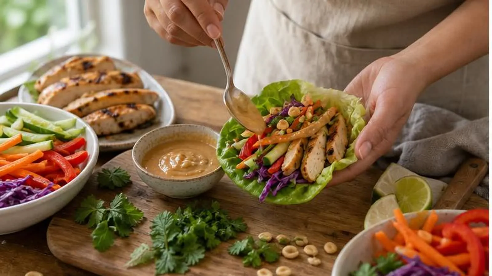 Manos armando rollitos de lechuga con pollo verduras crujientes y salsa de cacahuate en cocina casera