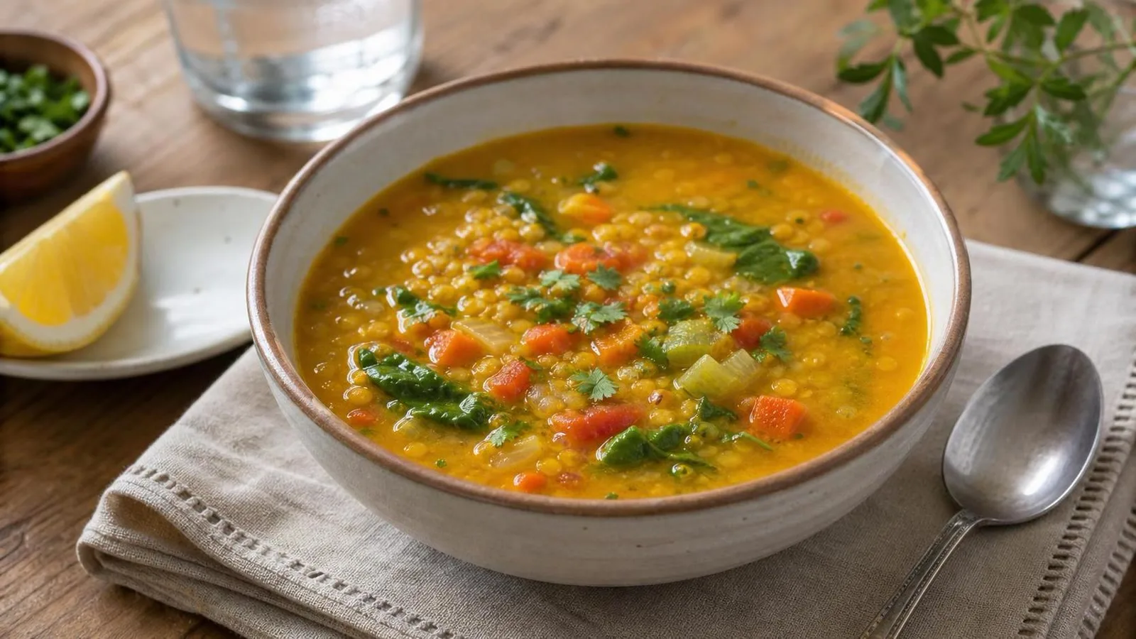 Manos preparando sopa de lentejas rojas con verduras y curcuma en olla casera