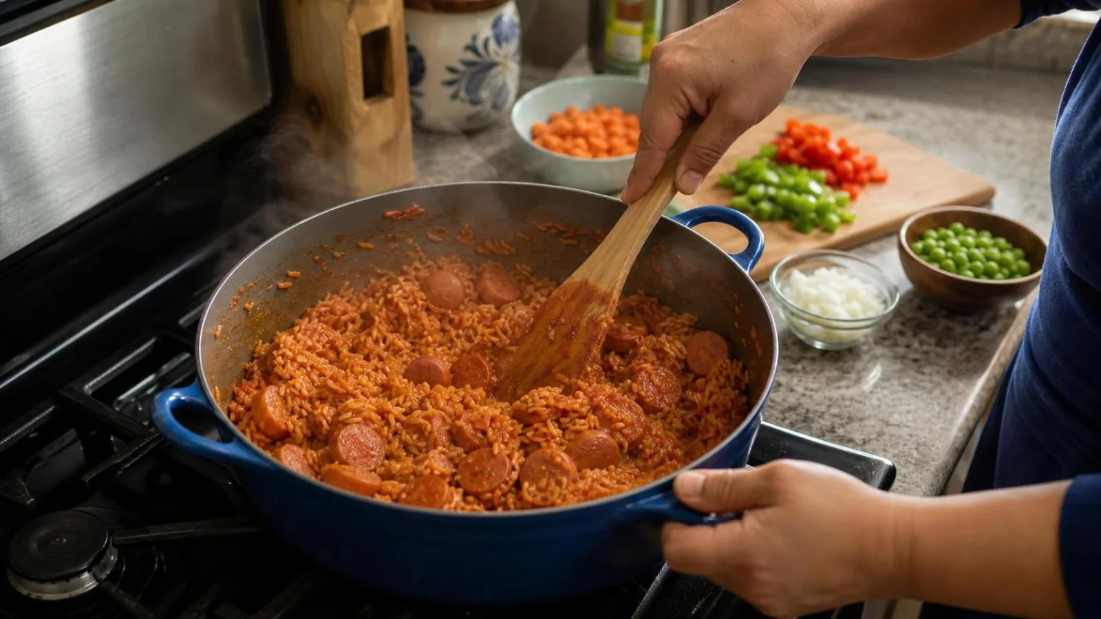 Manos sofriendo arroz rojo con salchicha y verduras en una olla casera