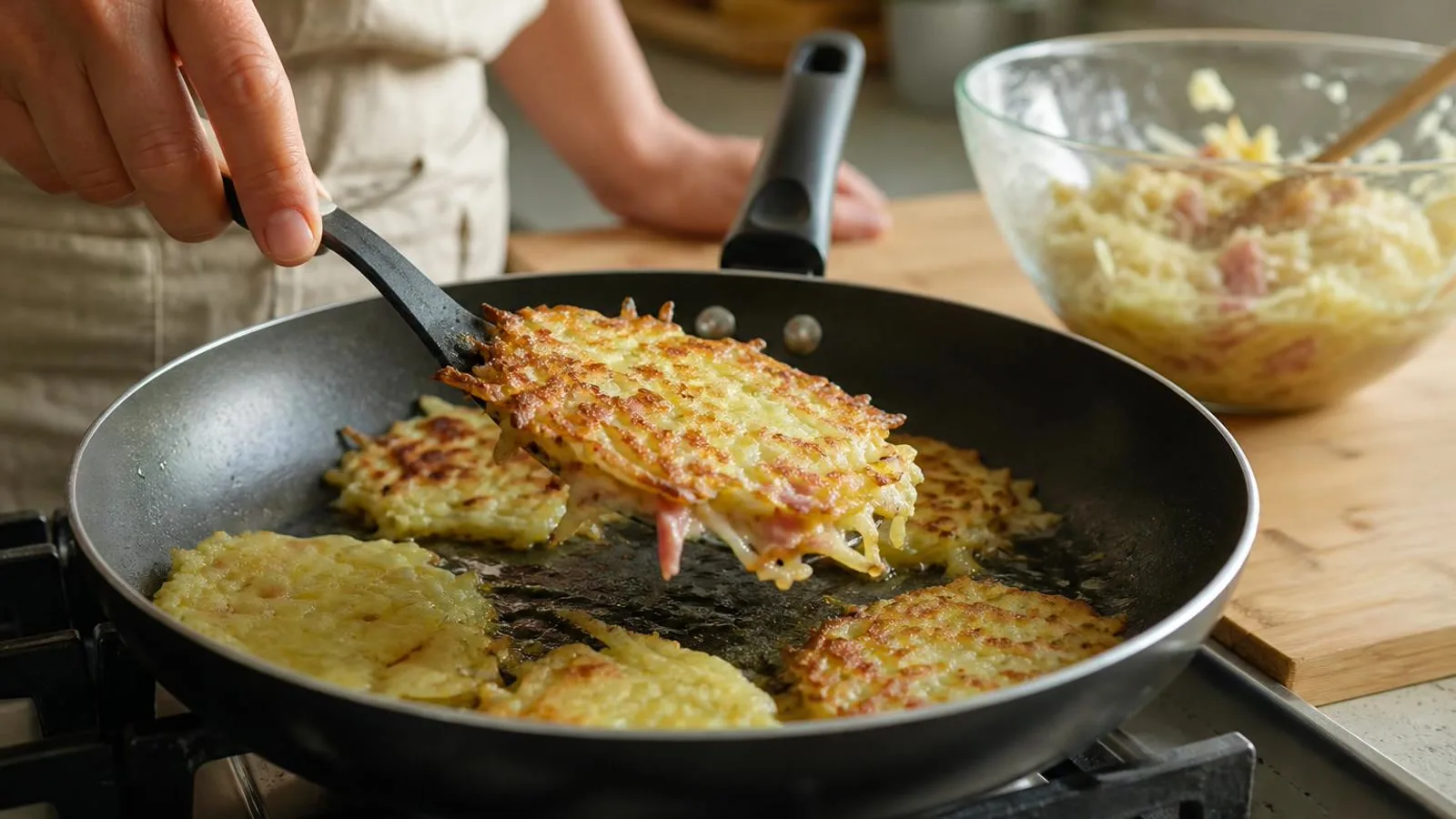 Manos dorando tortitas de papa con jamon y queso en un sarten casero
