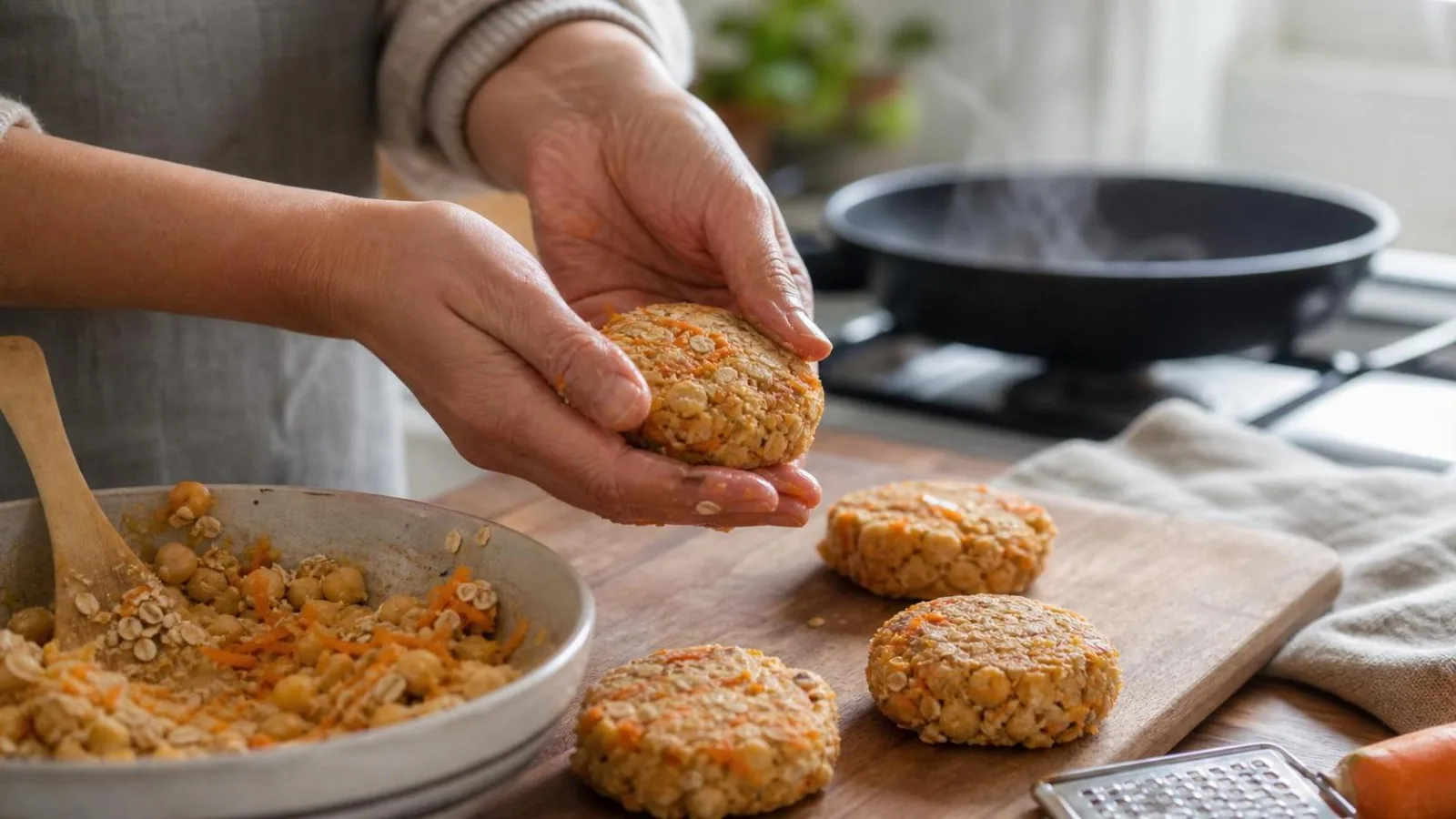 Manos formando hamburguesas de garbanzo y zanahoria en cocina casera