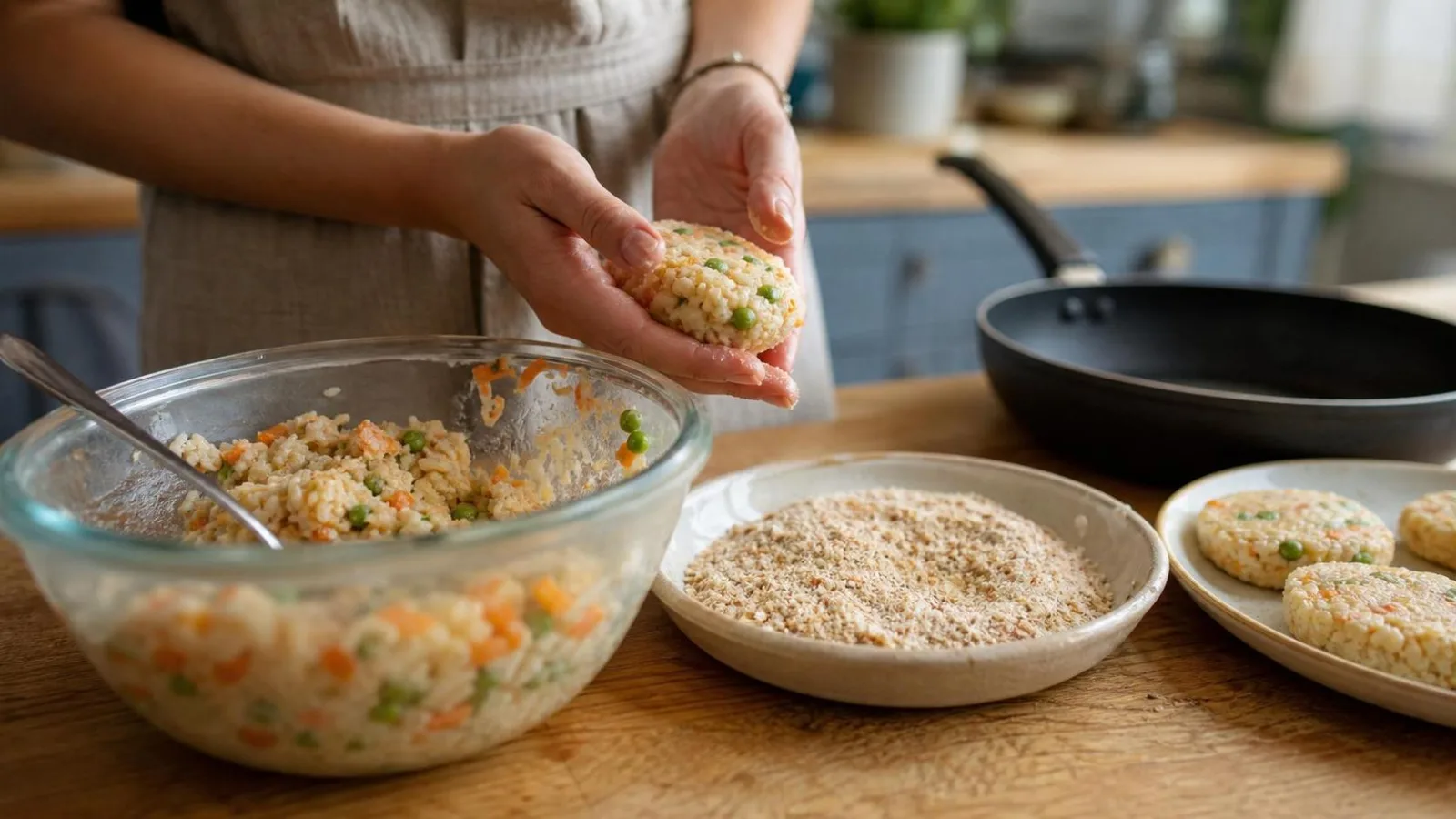 Manos formando croquetas de arroz con queso y verduras en cocina casera