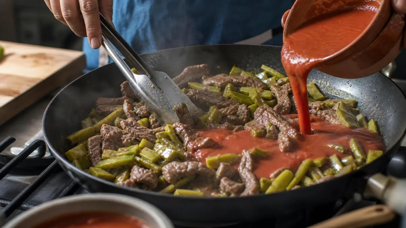 Preparacion casera de tiras de res con nopales y salsa roja en sarten