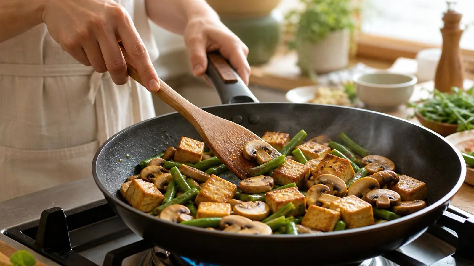 Manos cocinando tofu con champinones y ejotes en un sarten casero