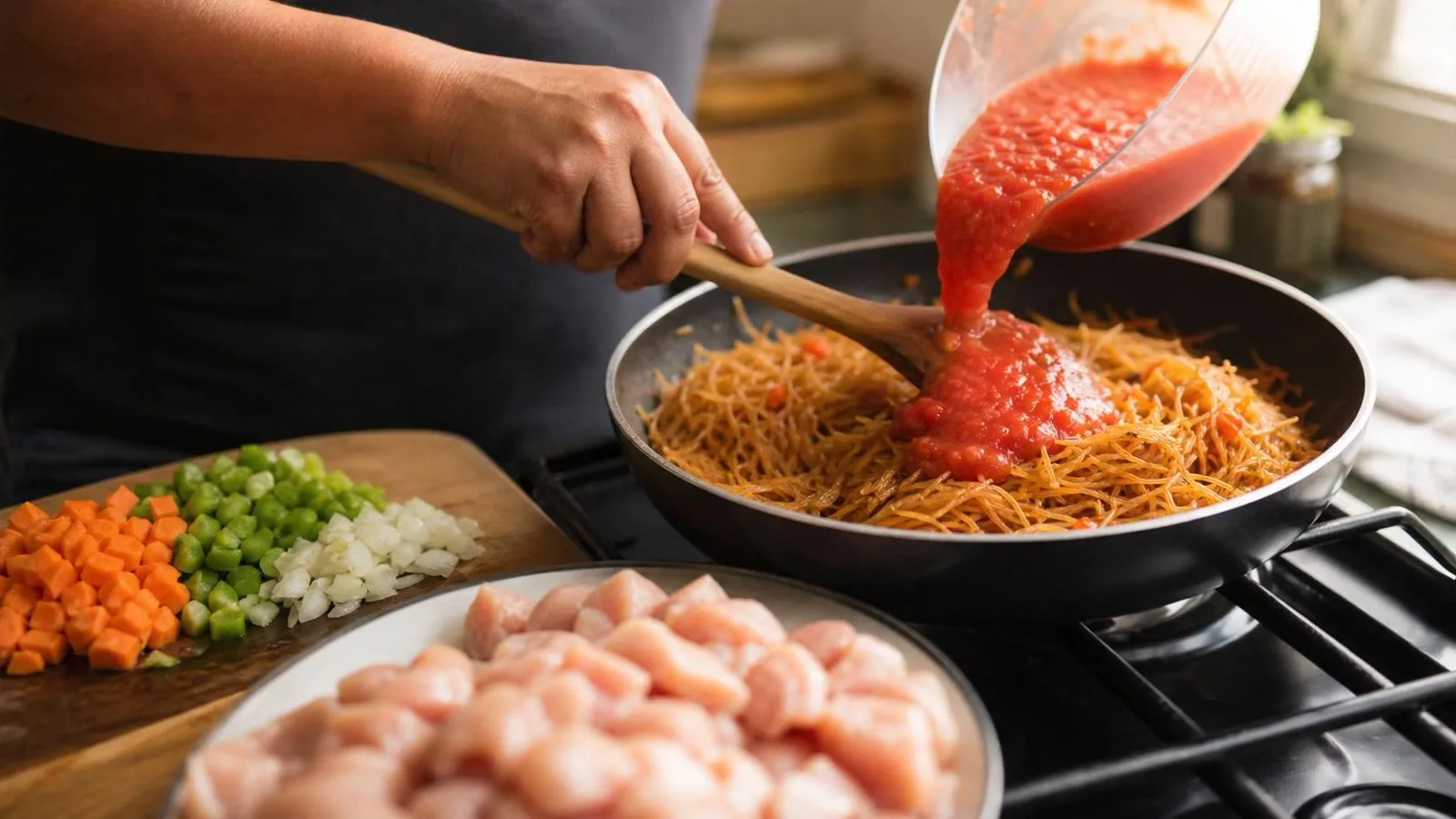 Manos preparando fideos secos con pollo y verduras en sartén casero