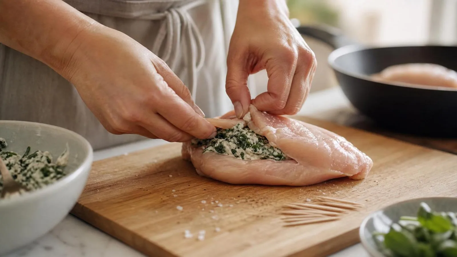 Manos rellenando pechuga de pollo con espinacas y requeson en cocina casera