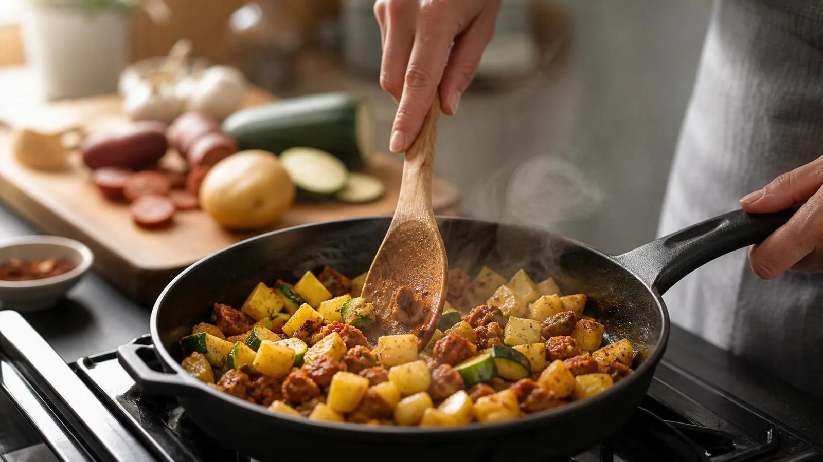 Manos cocinando papas con chorizo y calabacitas en un sartén casero