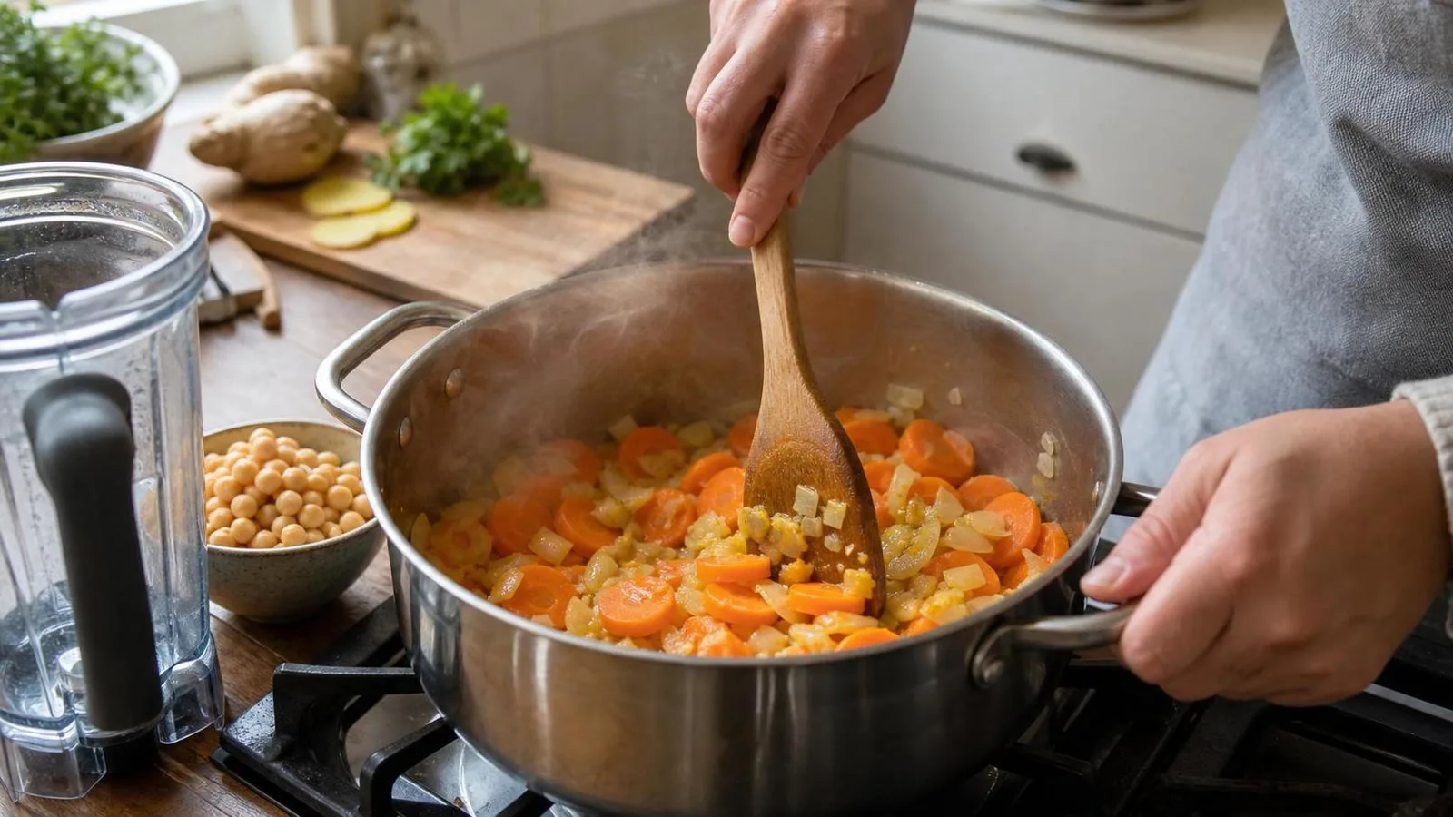 Preparación casera de crema de zanahoria con olla y licuado