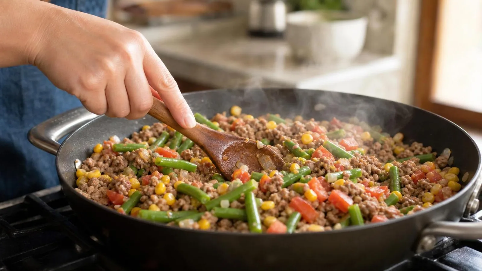 Manos cocinando carne molida con ejotes y elote en sarten casero
