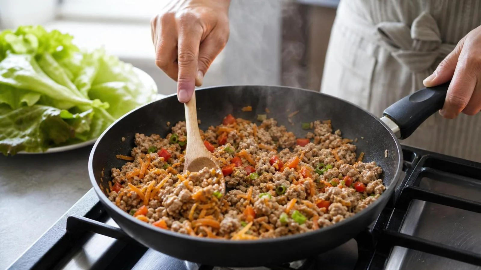 Preparacion casera de pavo con verduras para wraps de lechuga en sarten