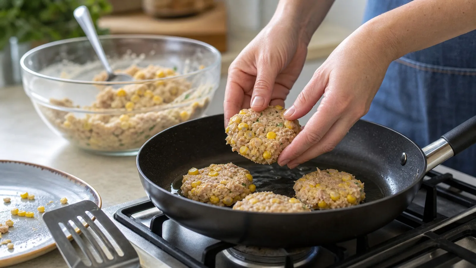 Manos formando tortitas de atún con elote y colocándolas en sartén casero