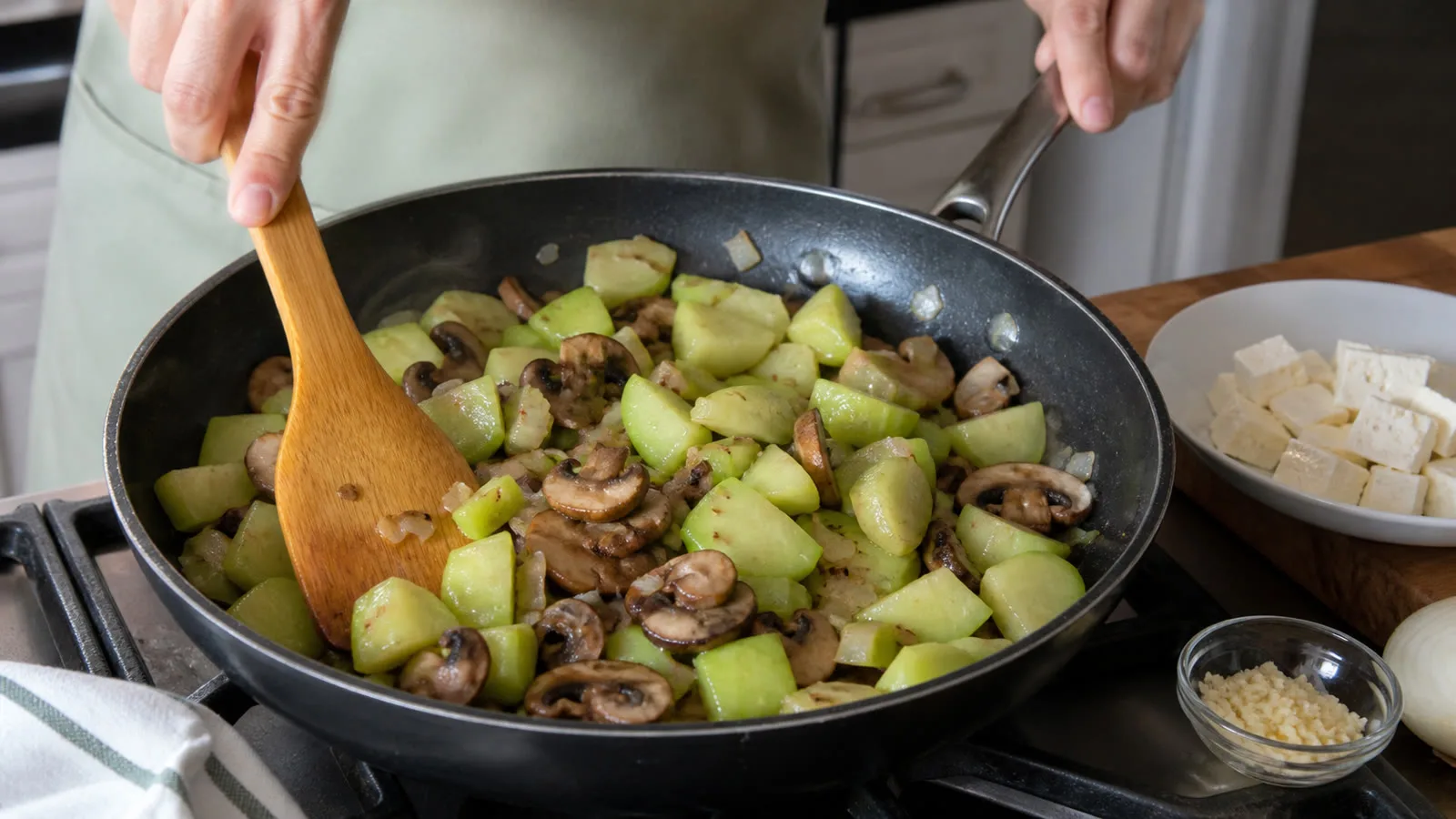 Manos salteando chayote con champiñones en sartén casero