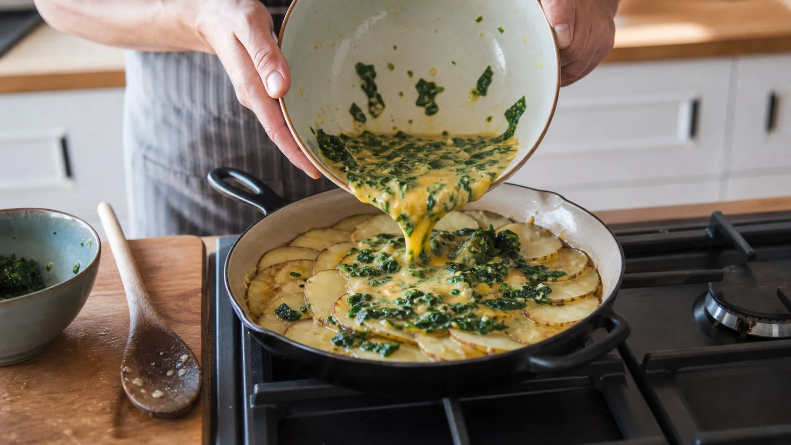 Manos vertiendo huevo con espinaca sobre papa en sarten para tortilla al horno