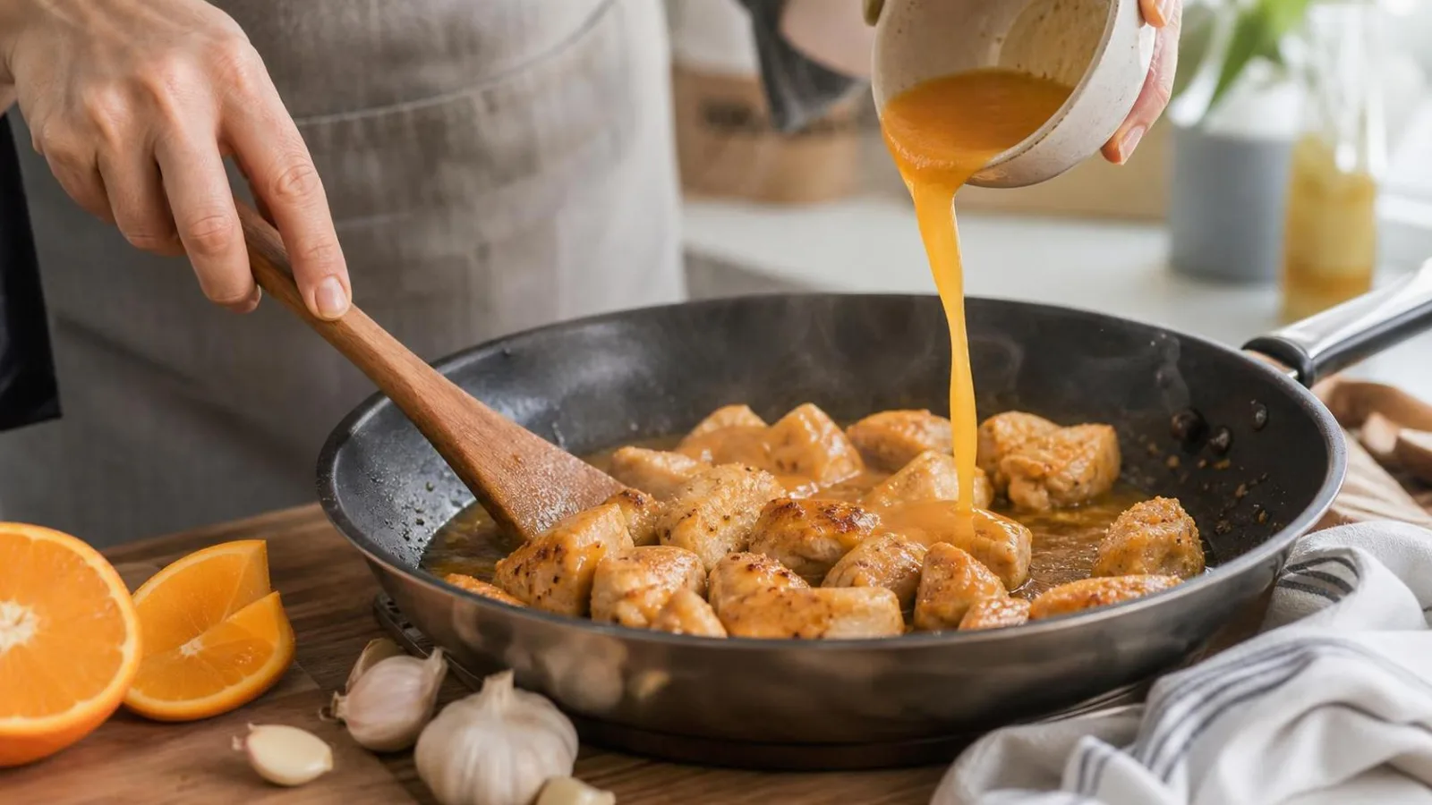 Manos cocinando pollo a la naranja en sartén casero con salsa brillante