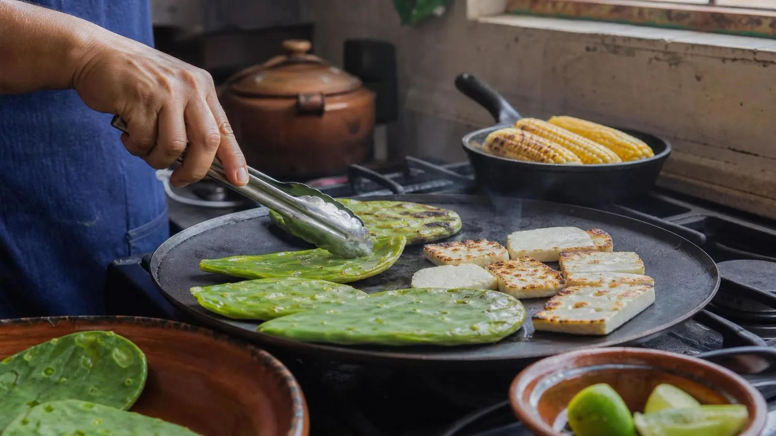 Manos asando nopales y dorando queso panela en comal de cocina casera