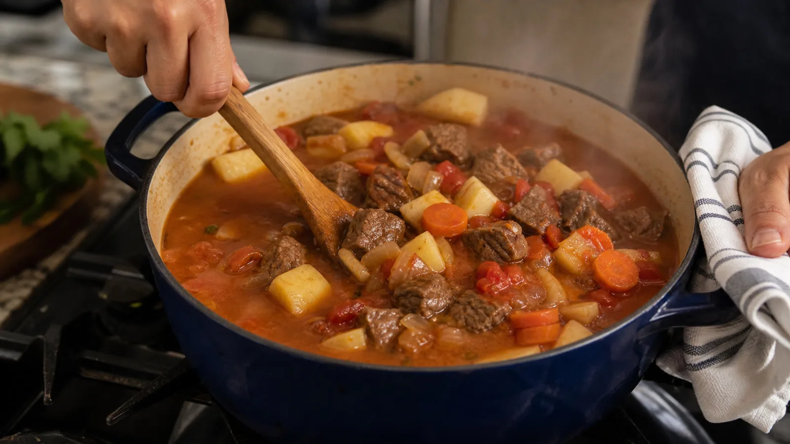 Manos cocinando caldillo de res con verduras en olla casera