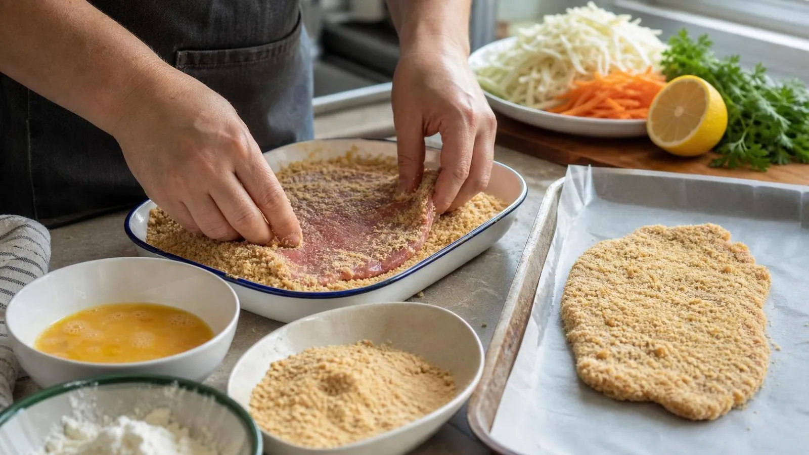 Manos empanizando milanesas de res para hornear en cocina casera
