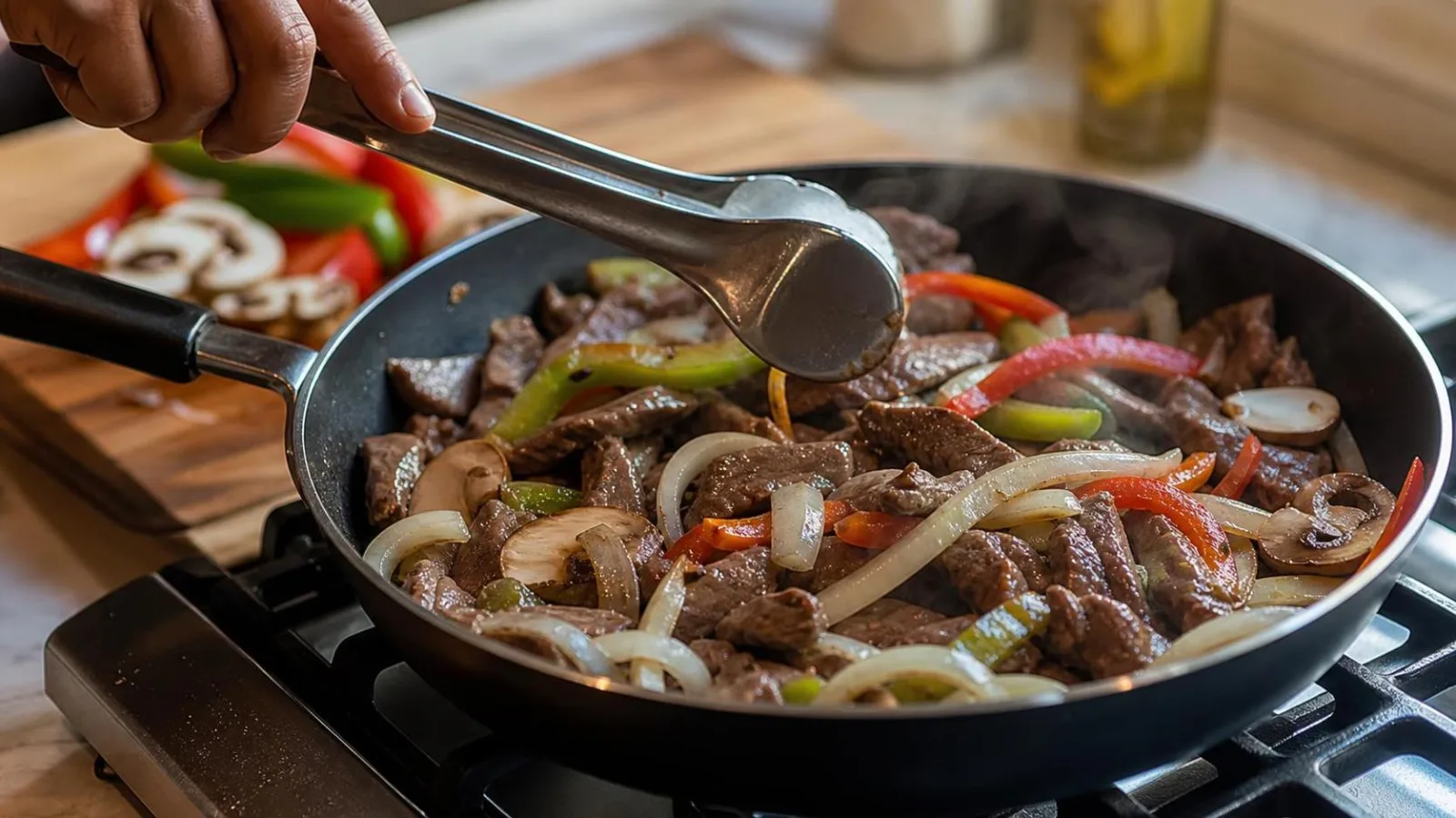 Manos salteando cebolla champiñones y bistec en sartén casero para alambre