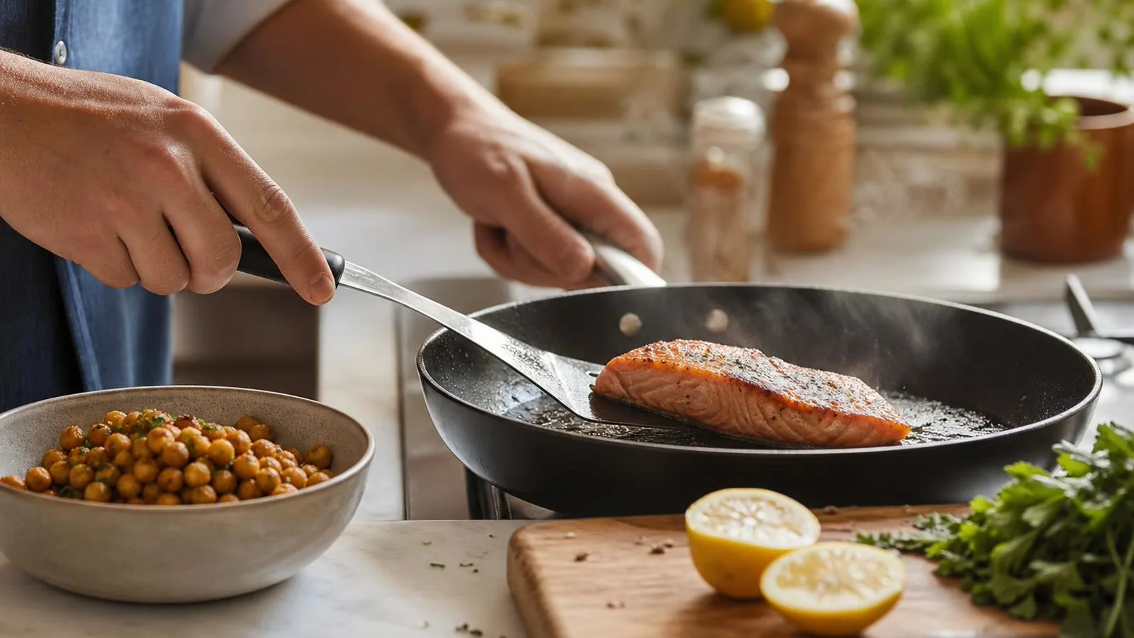 Manos cocinando salmon en sarten casero con garbanzos especiados cerca