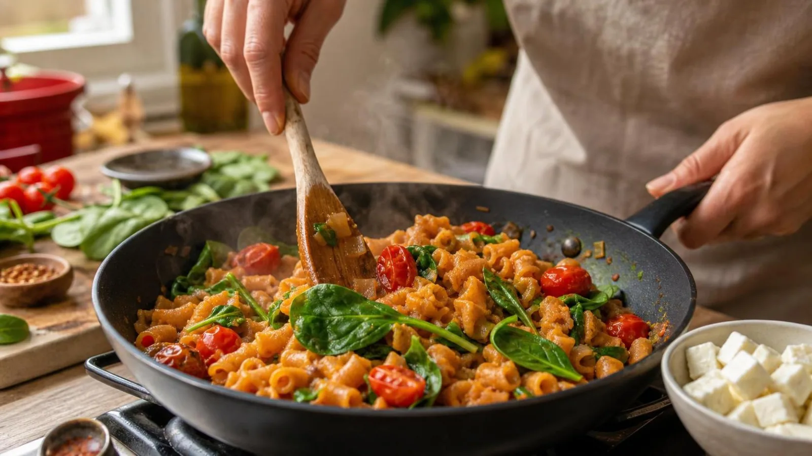 Manos mezclando pasta de lenteja roja con espinacas y jitomate cherry en sarten casero
