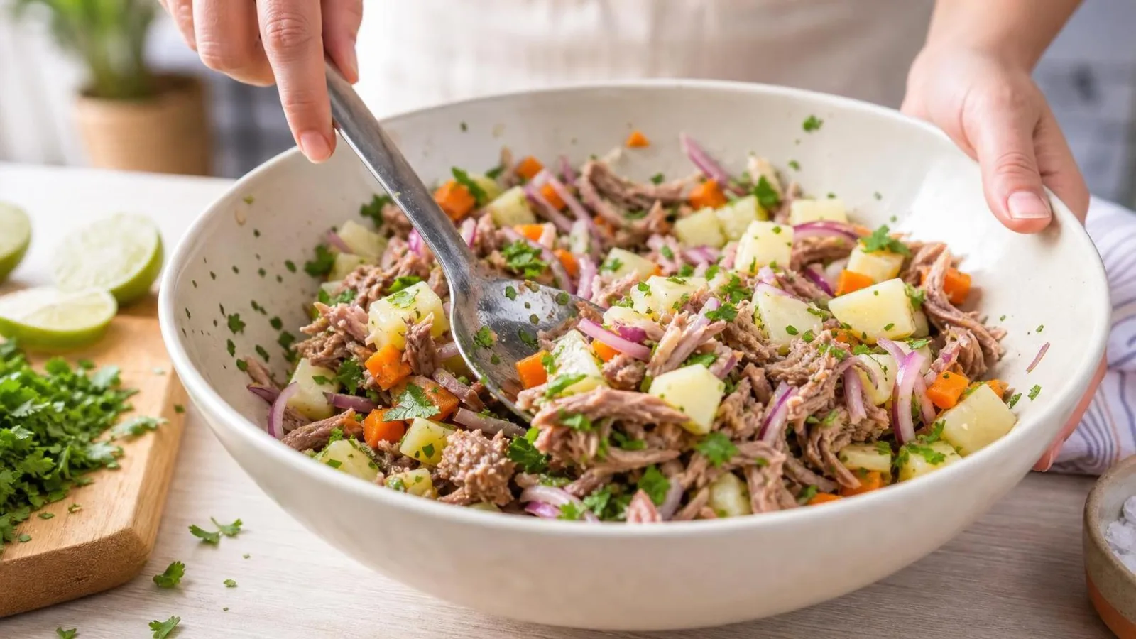 Manos mezclando salpicon de res casero con verduras y vinagreta en un tazon