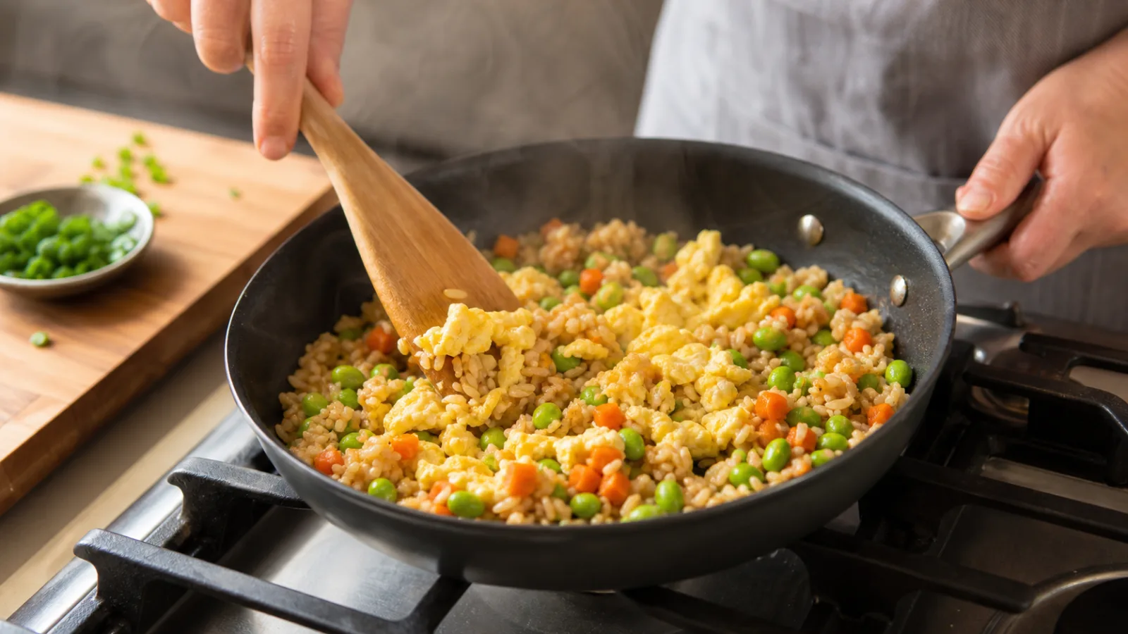 Manos salteando arroz integral con edamame zanahoria y huevo en sarten casera