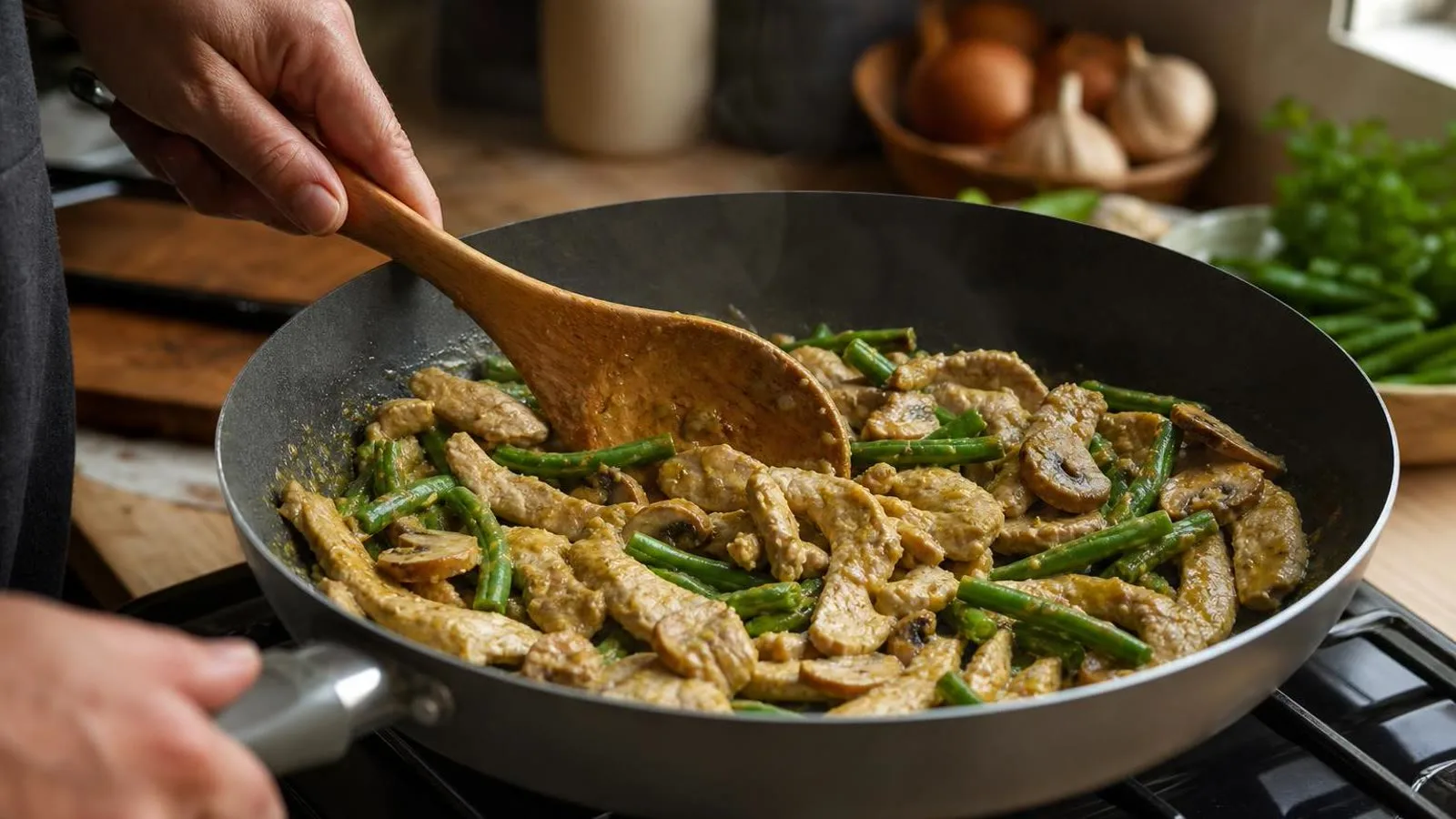 Manos cocinando lomo de cerdo con ejotes y champinones en sarten casero