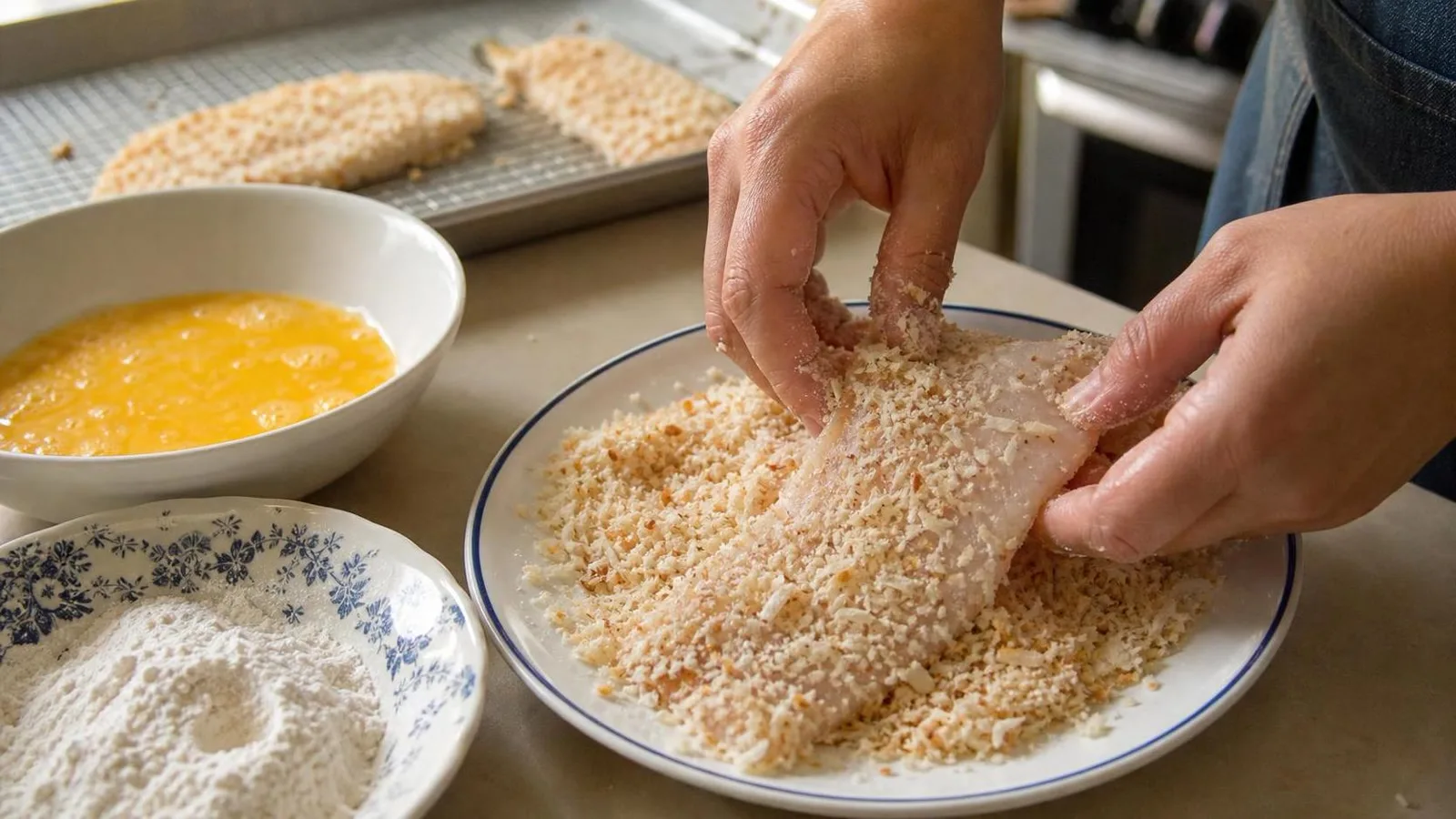 Manos empanizando filetes de pescado con coco rallado pan molido y huevo en cocina casera