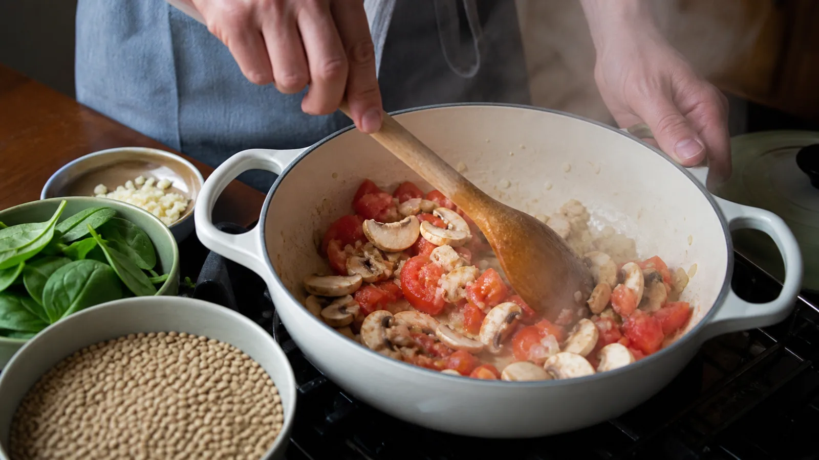 Manos removiendo champinones tomate y verduras en olla para lentejas guisadas caseras