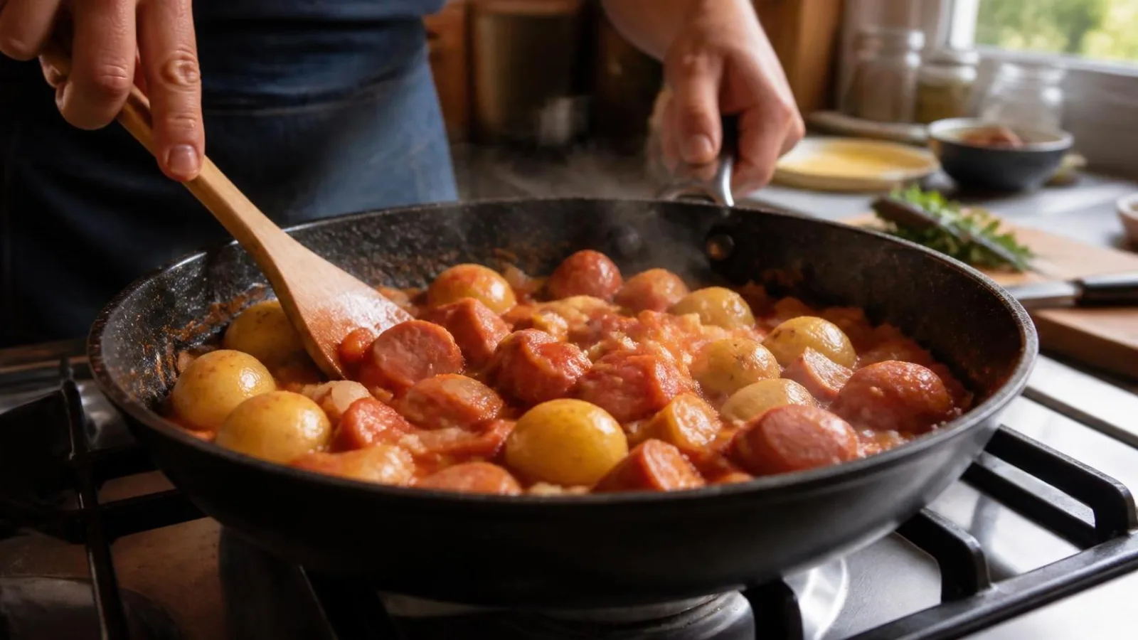 Manos moviendo salchichas y papas cambray en cacerola con salsa de tomate casera