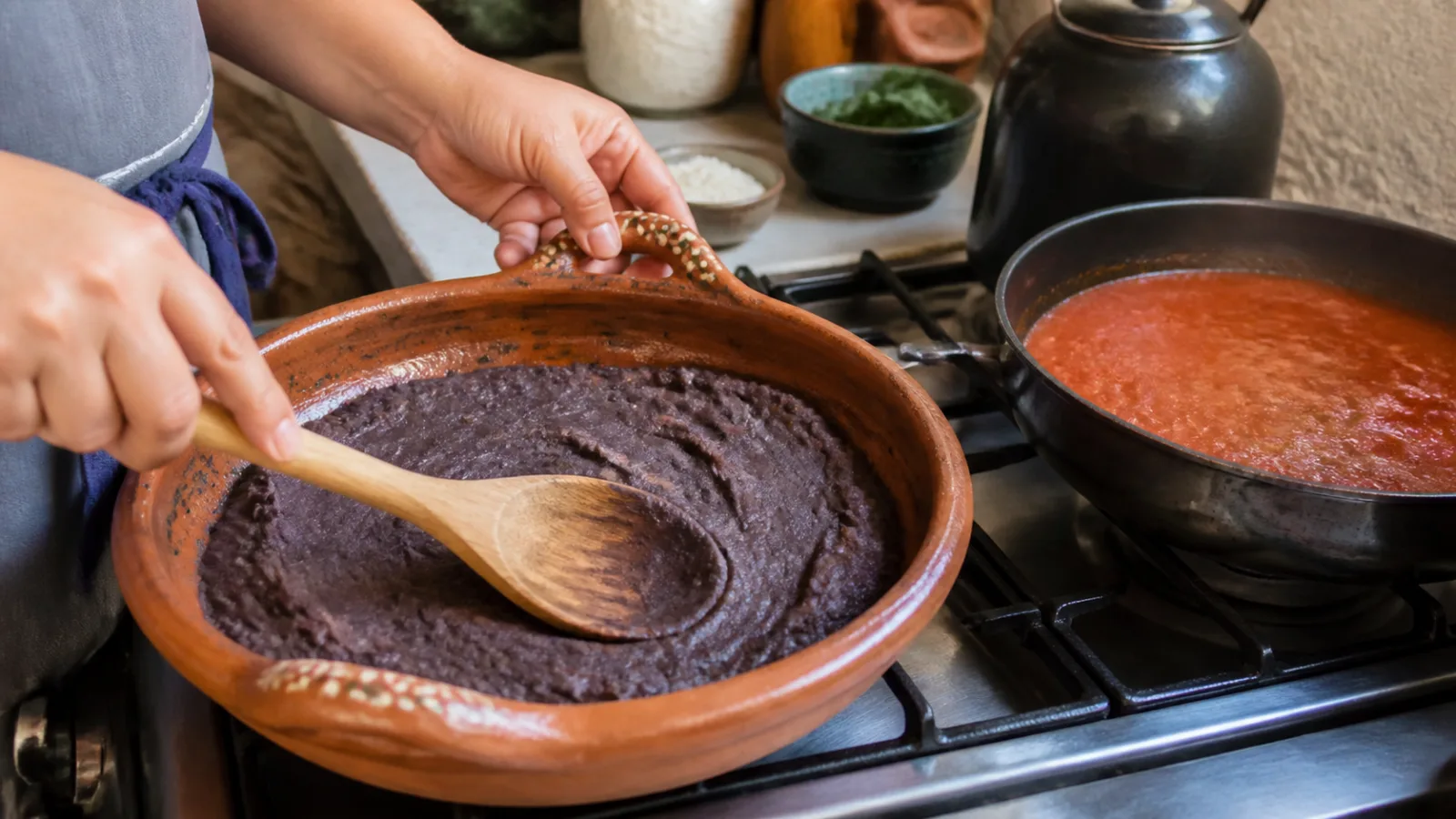 Manos extendiendo frijoles refritos en cazuela con salsa roja casera en la estufa