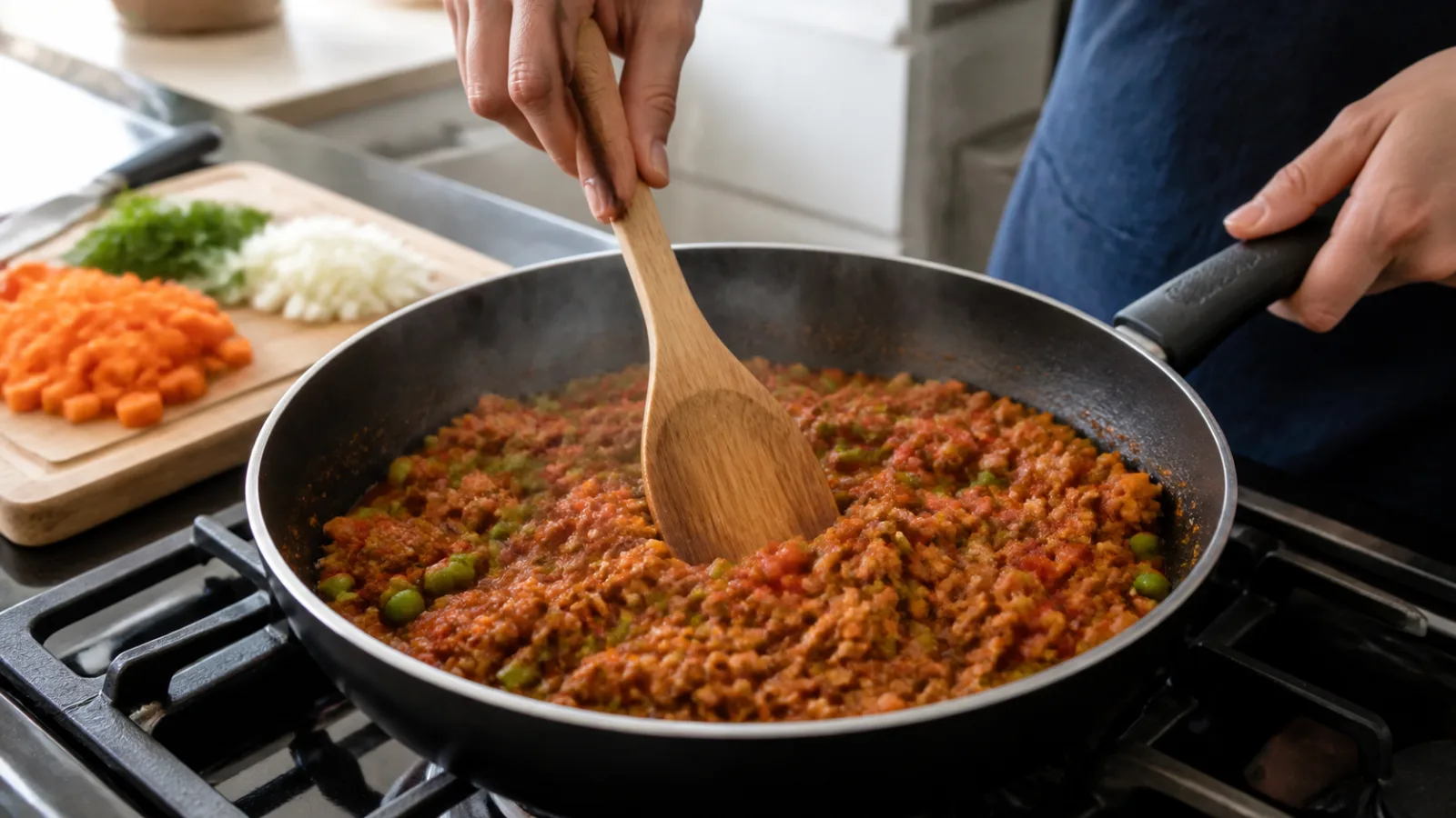 Manos mezclando picadillo de soya con salsa de jitomate zanahoria y chicharos en sarten casera