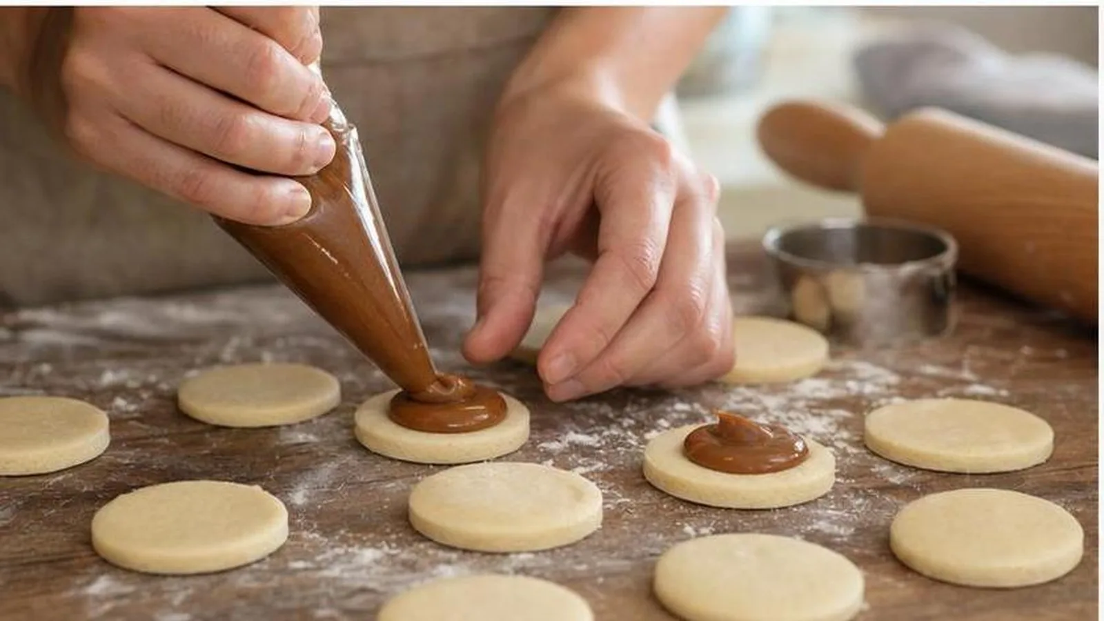 Manos cortando y rellenando tapitas de alfajores de maicena con dulce de leche en mesa de cocina casera