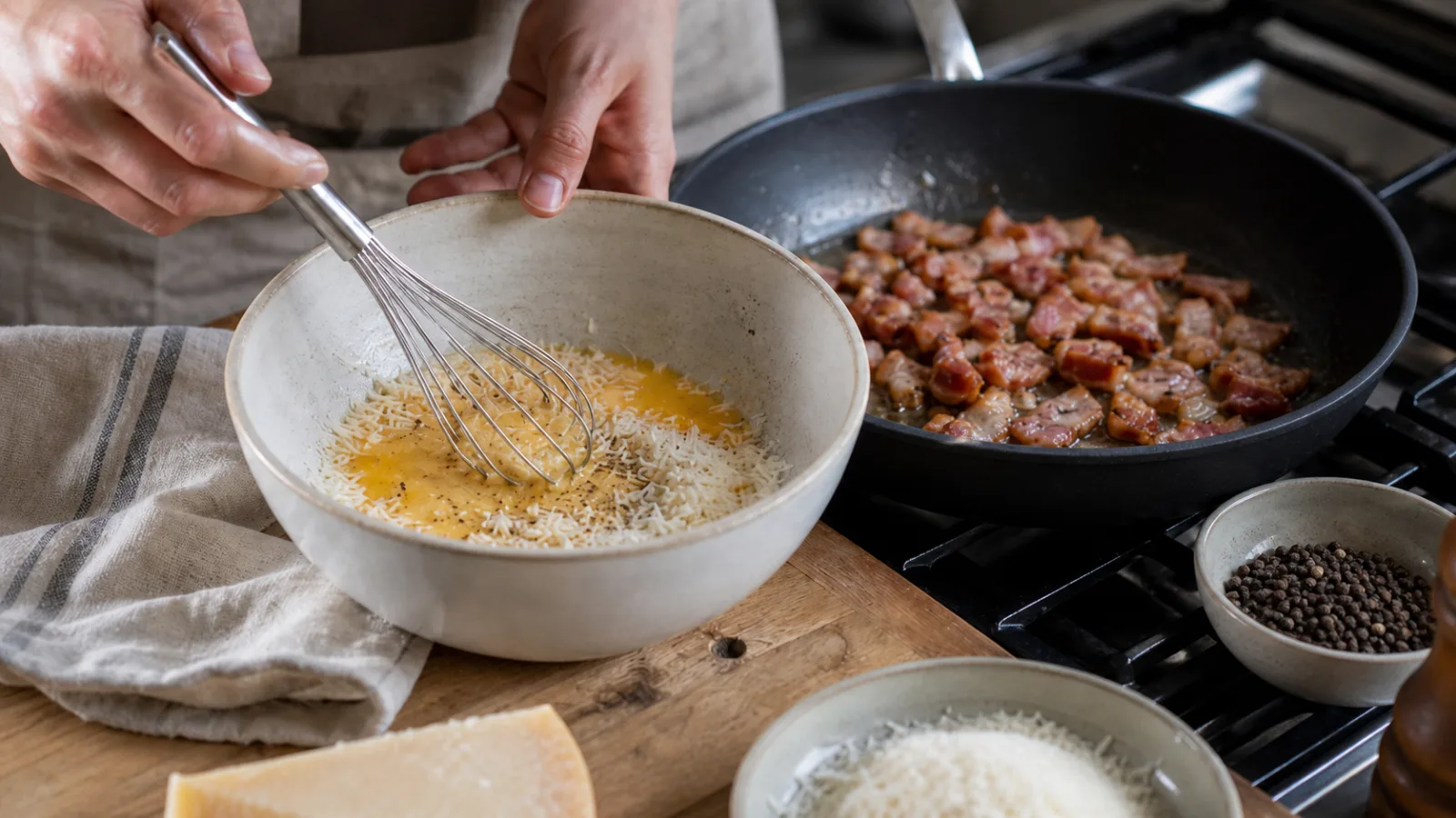 Preparacion casera de carbonara con huevo, queso rallado, pimienta y guanciale dorandose