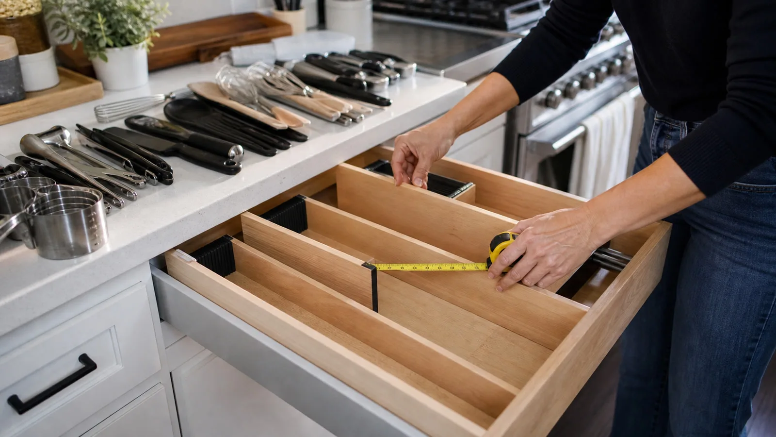 Manos midiendo un cajon de cocina abierto y colocando separadores ajustables